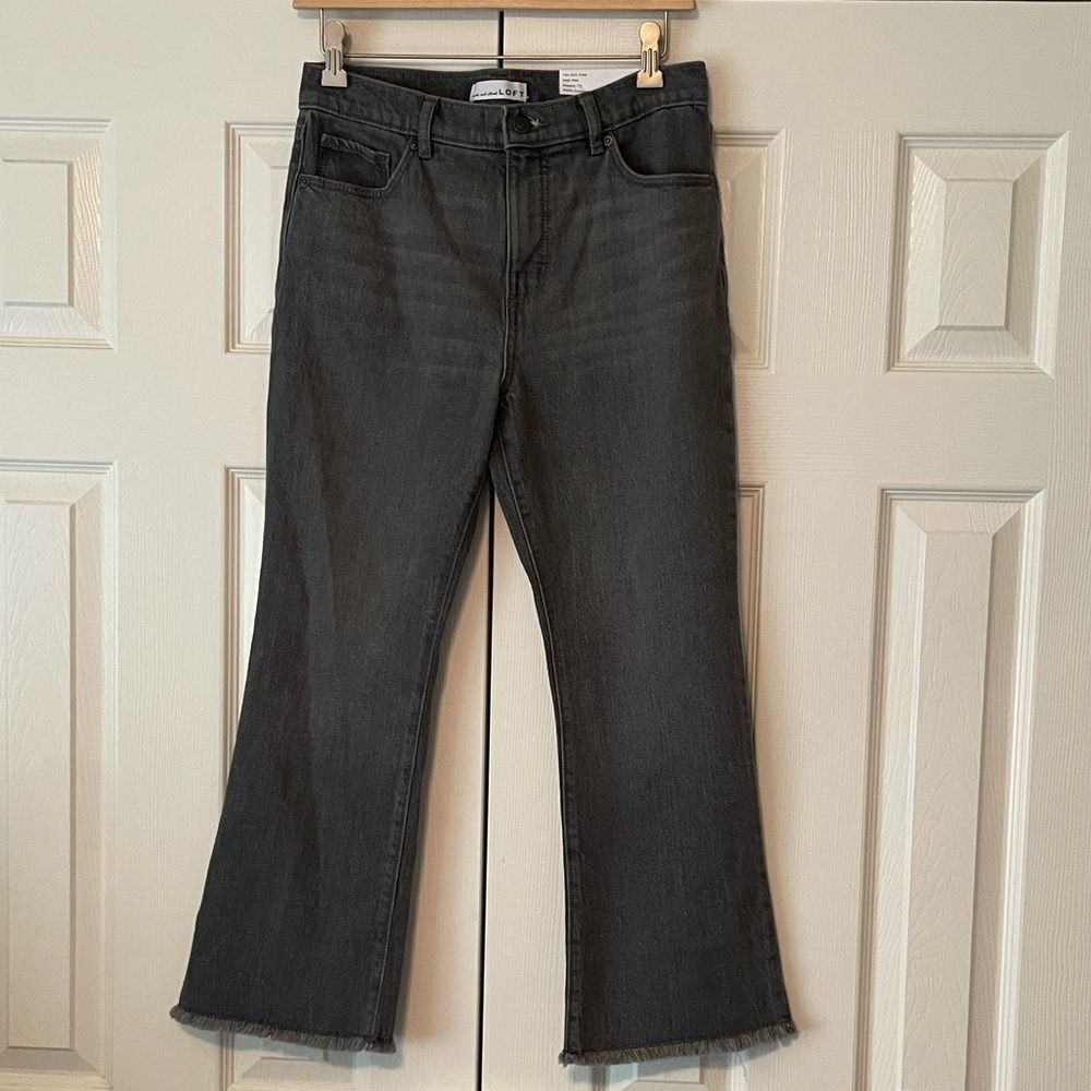 LOFT The Kick Crop High Rise Dark Gray Jeans Frayed Hem Size 4 Petite